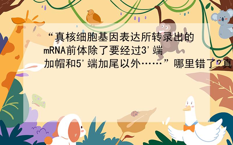 “真核细胞基因表达所转录出的mRNA前体除了要经过3'端加帽和5'端加尾以外……”哪里错了?真核细胞基因表达所转录出的mRNA前体除了要经过3'端加帽和5'端加尾以外,还要在剪接酶作用下,有序
